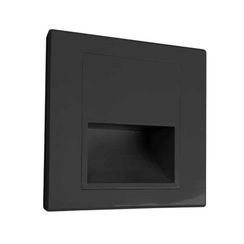 Black recessed indoor LED step light with a sleek design, ideal for stairway lighting.