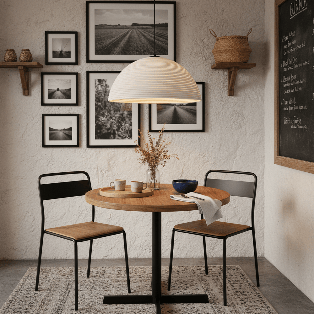 A small antique white rattan pendant light hangs above a round wooden dining table set with cups and a bowl.