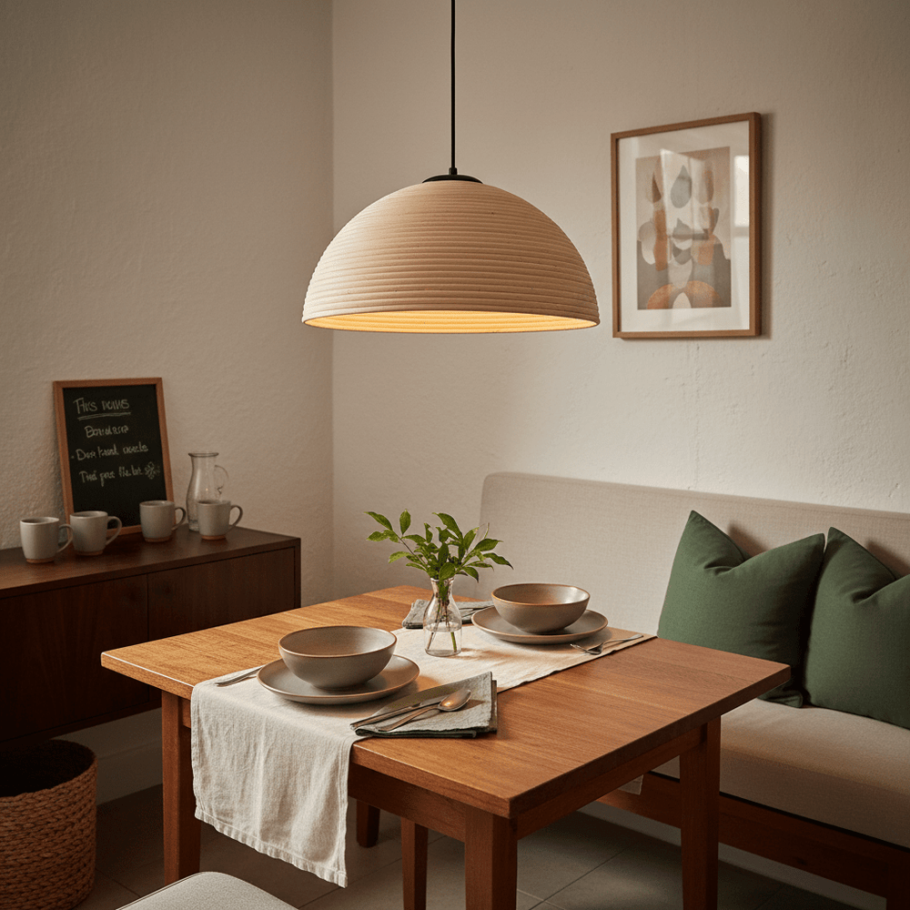 Small natural rattan pendant light hanging over a dining table set with bowls and greenery.