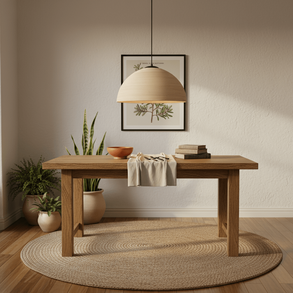 Small natural rattan pendant light hanging above a wooden dining table with plants and decor.