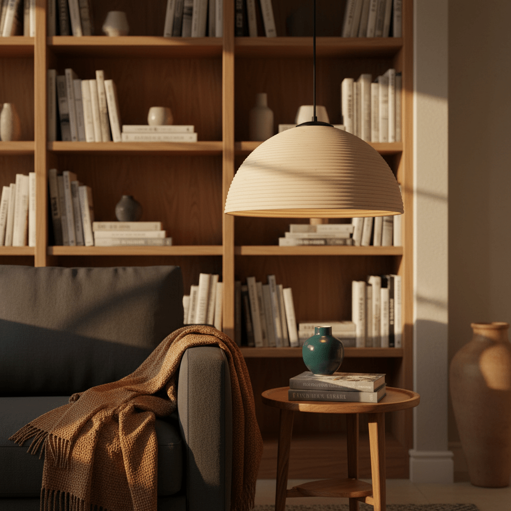 Natural rattan pendant light hanging above a cozy sofa with a throw blanket, bookshelves in the background.