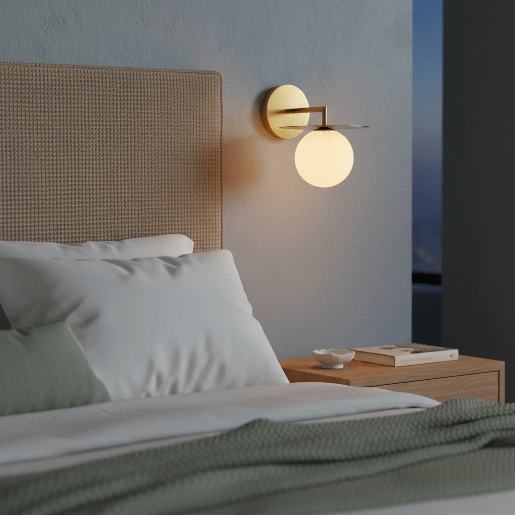 Catalina Gold Wall Light mounted beside a bed, casting a warm glow on a textured headboard.