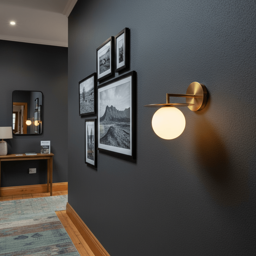 Catalina Gold Wall Light mounted on a dark wall, illuminating a gallery of framed photos.