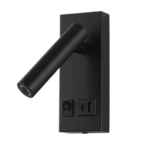 Black LED reading light with a flexible arm and built-in USB ports, mounted on a wall.