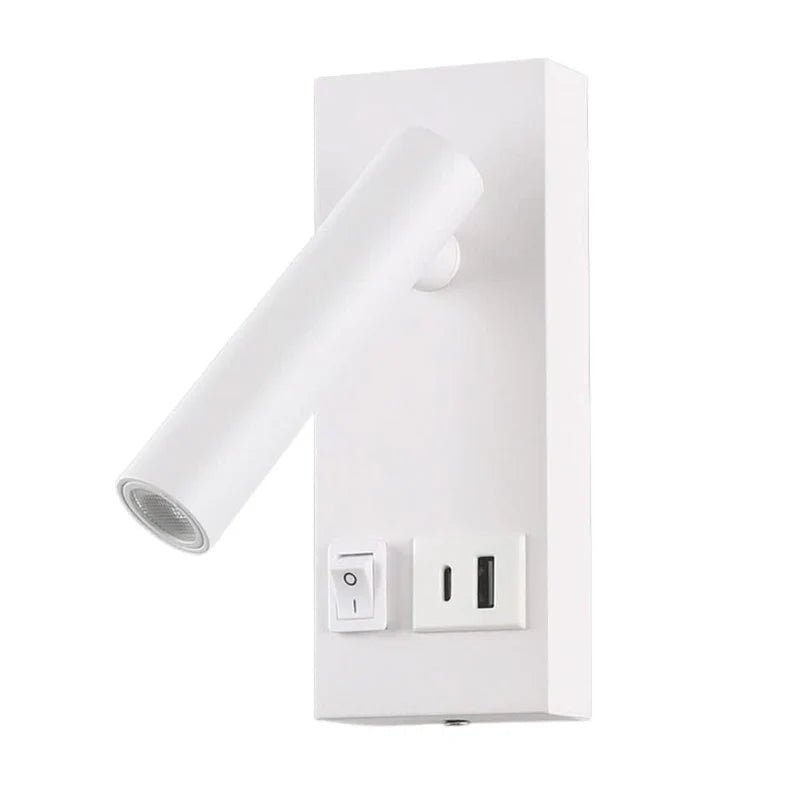 Kirk LED Reading Light in white with flexible arm and built-in USB ports for bedside use.