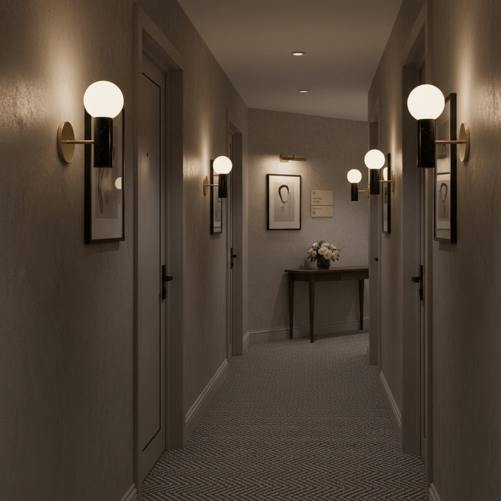 Elegant hallway featuring multiple wall lights, framed artwork, and a decorative table with flowers.
