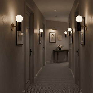 Elegant hallway featuring multiple wall lights, framed artwork, and a decorative table with flowers.