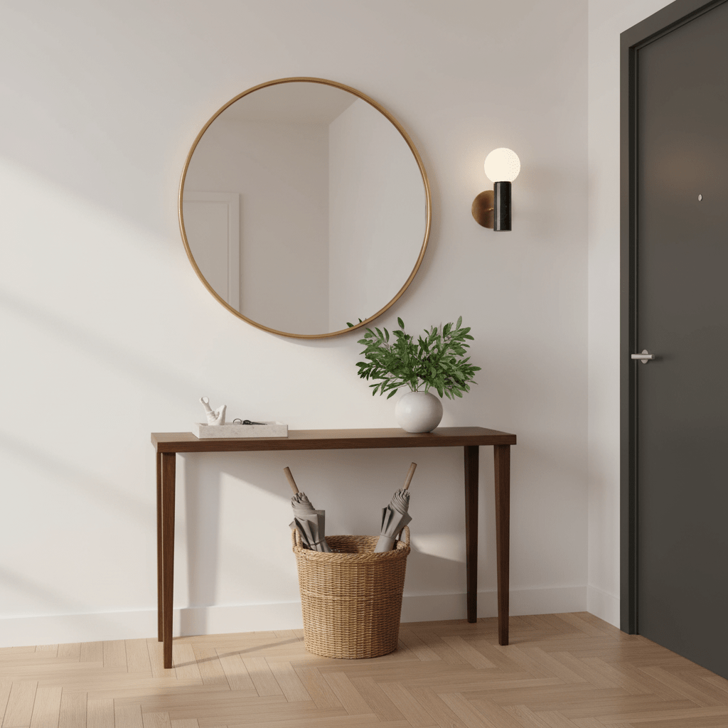 Stylish indoor scene featuring a round mirror above a console table with a marble wall light, plants, and a basket.