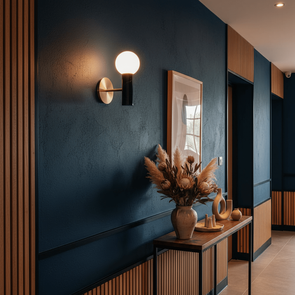 Ollie Black Marble Wall Light mounted on a dark blue wall, illuminating a stylish hallway with decorative elements.