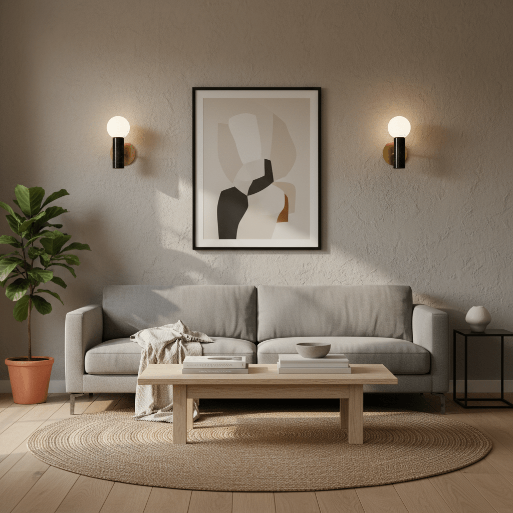 Stylish indoor scene featuring the Ollie Black Marble Wall Light beside a modern sofa and artwork.