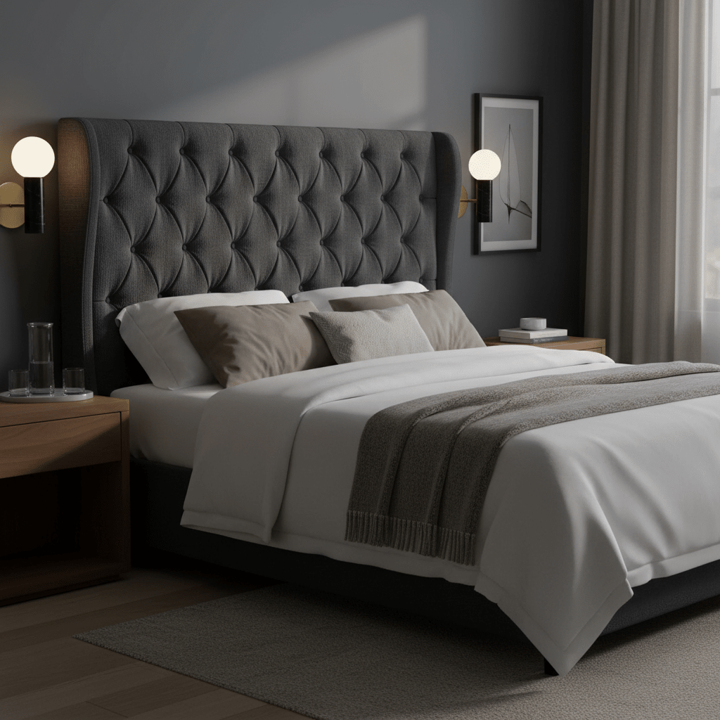 Elegant bedroom scene featuring the Ollie Black Marble Wall Light mounted beside a tufted headboard, providing soft accent