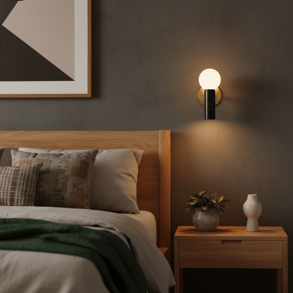 Ollie Black Marble Wall Light mounted beside a bed, illuminating a cozy bedroom with decorative pillows and a plant.