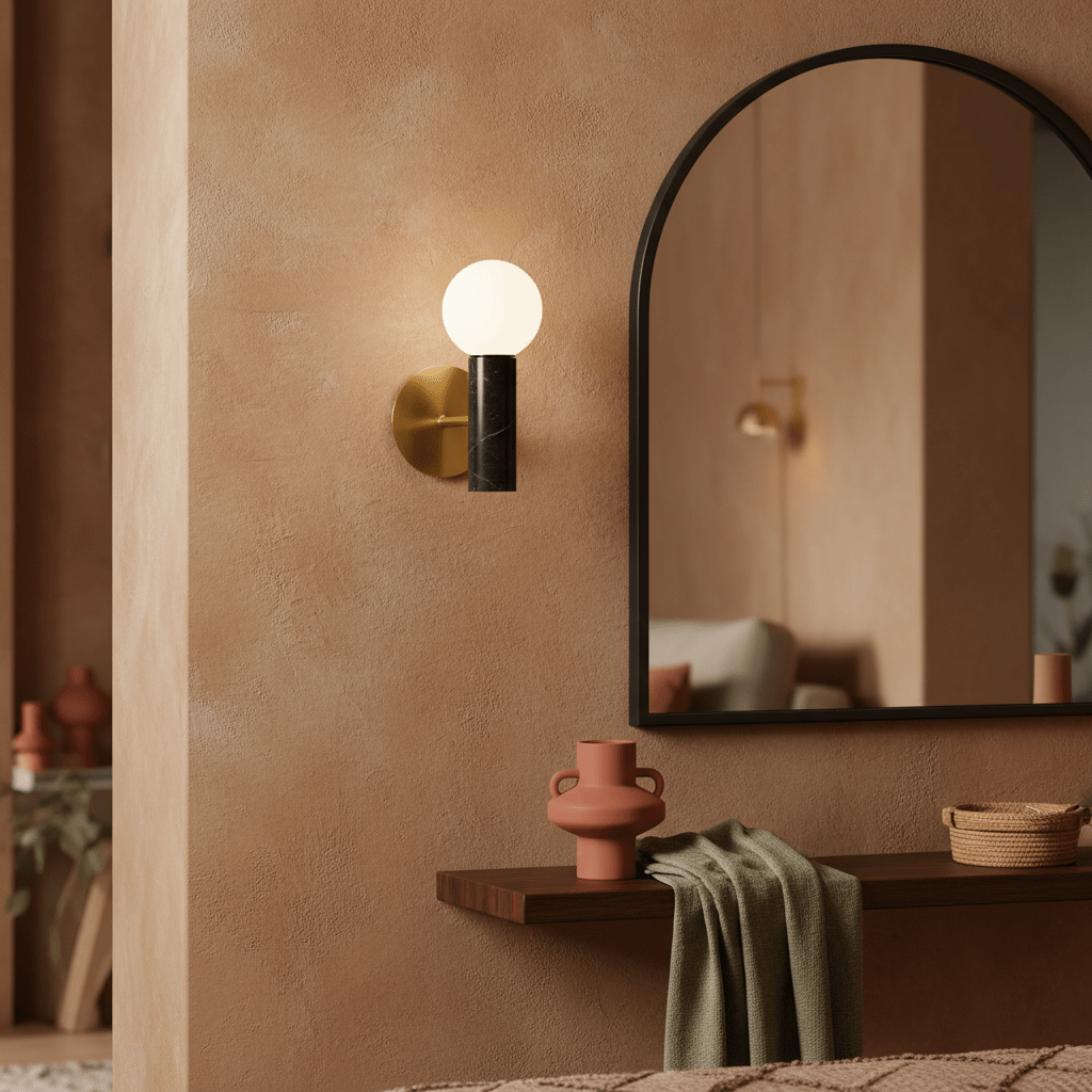 Ollie Black Marble Wall Light mounted beside a mirror in a warm-toned room, with decorative items on a shelf.