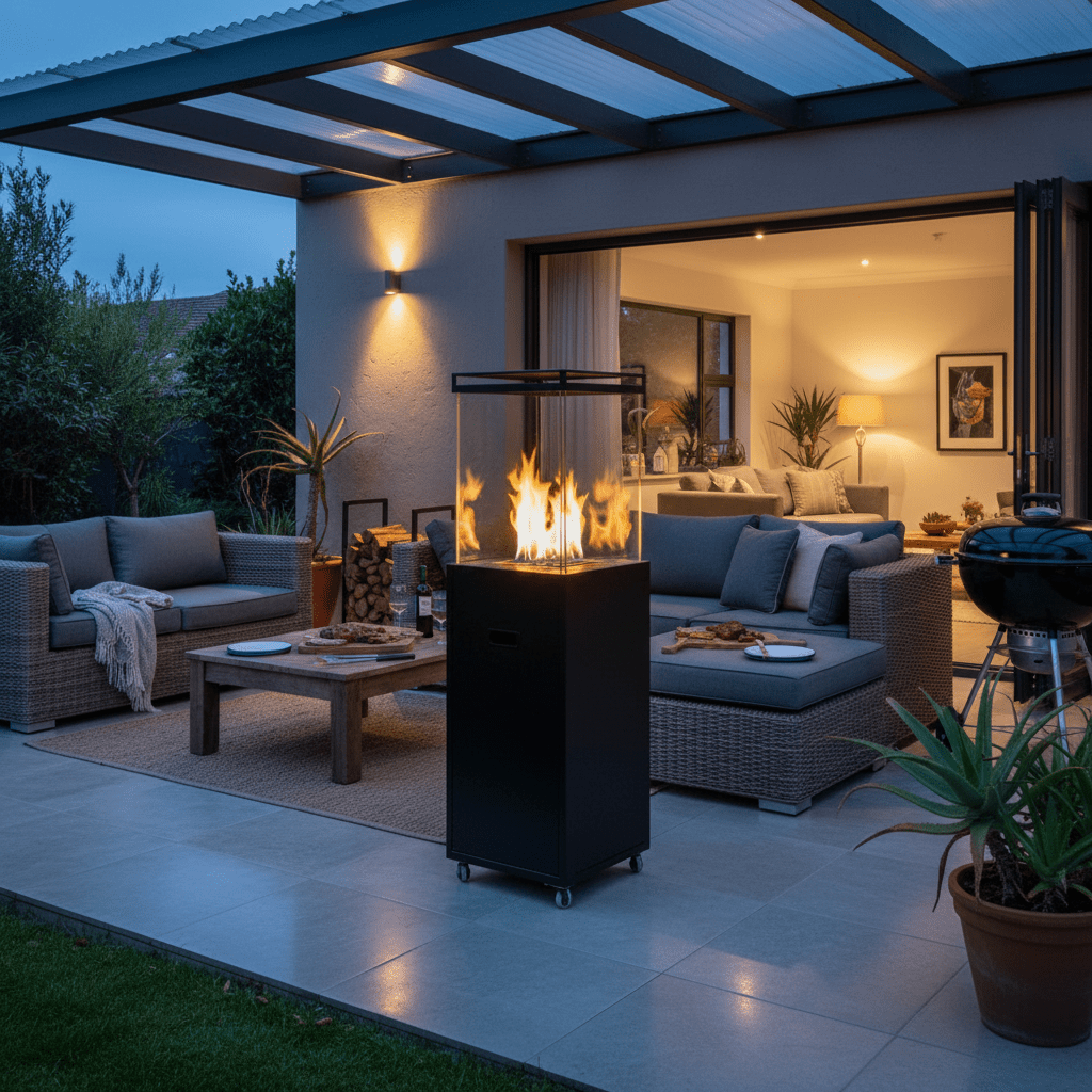 Outdoor space featuring a Fire Cube space heater with flames, surrounded by cozy seating and a table.