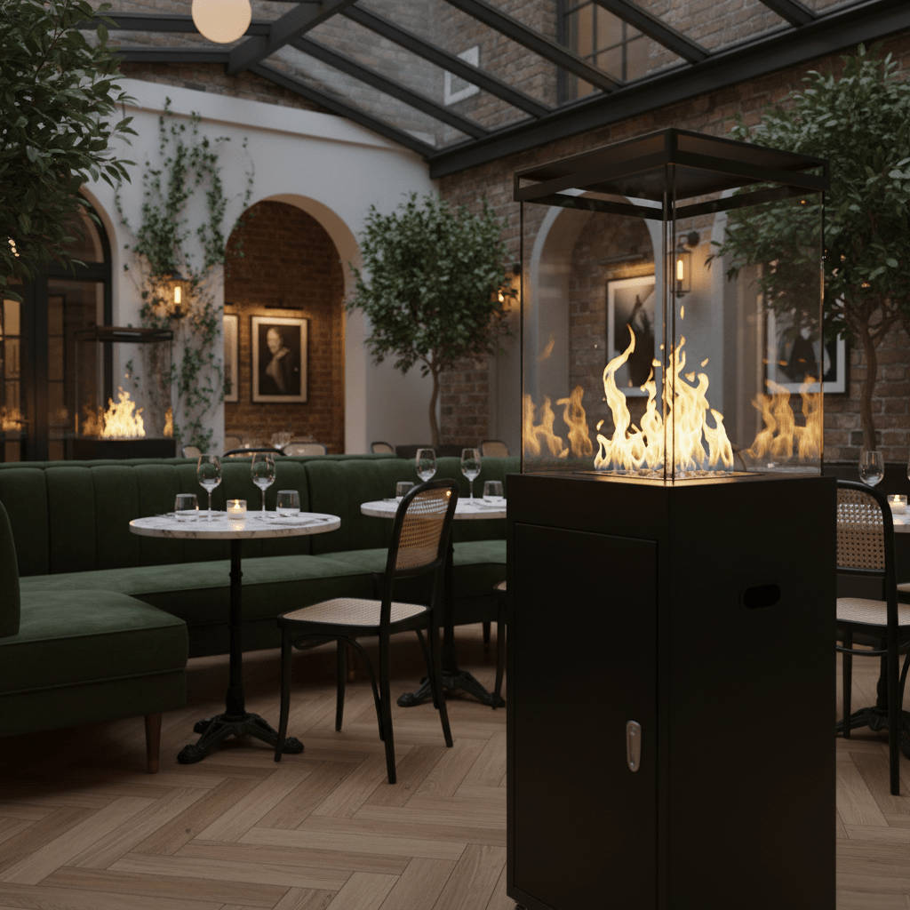 A stylish black fire cube heater with flames visible, set in a cozy indoor dining area with green seating.