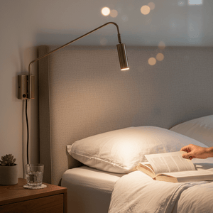 Satin brass LED reading light mounted on a wall above a bed, illuminating an open book. A hand is turning a page.