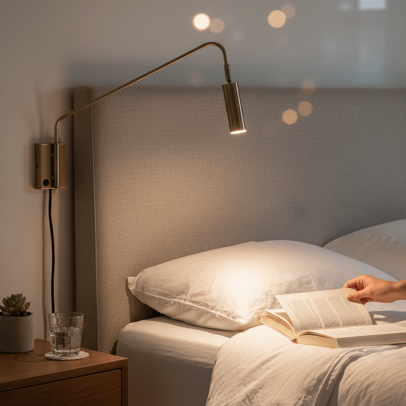 Satin brass LED reading light mounted on a wall above a bed, illuminating an open book. A hand is turning a page.