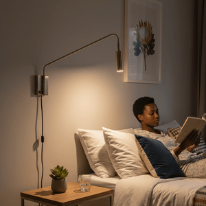 Person reading in bed under a wall-mounted satin brass LED reading light with adjustable arm, next to a wooden side table