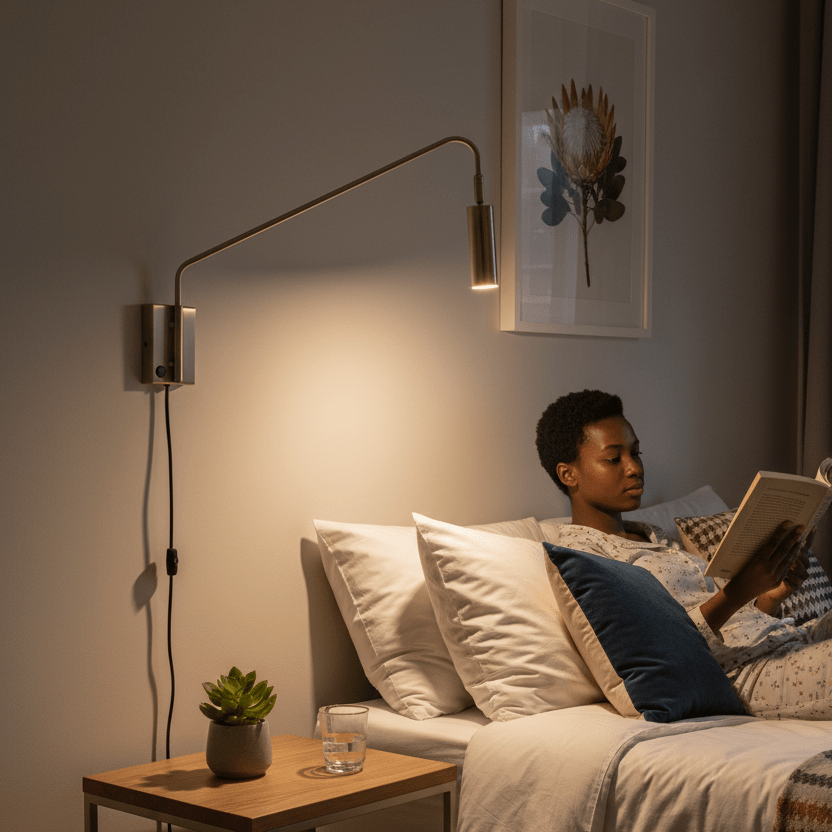 Person reading in bed under a wall-mounted satin brass LED reading light with adjustable arm, next to a wooden side table