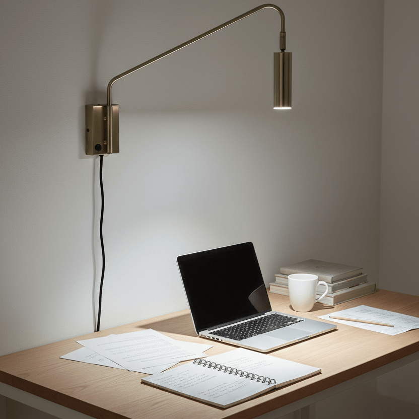 Satin brass LED reading light illuminating a desk with a laptop, papers, and a mug, showcasing focused task lighting.