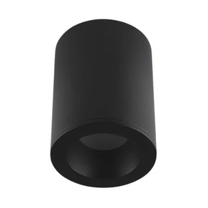 Black surface mount downlight holder with a cylindrical design, suitable for GU10 bulbs.