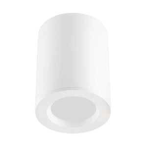 White surface mount downlight holder with a cylindrical design, suitable for various indoor and outdoor settings.