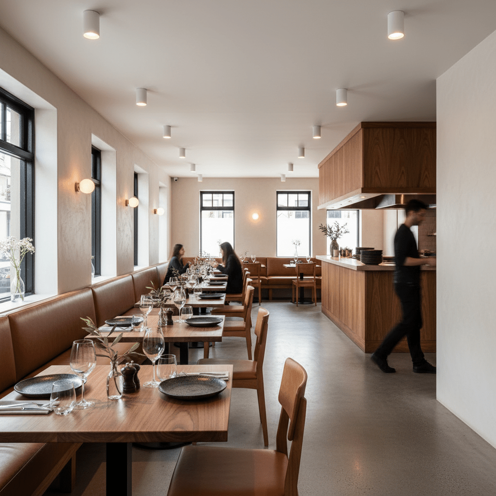 Dining area with long wooden tables, leather booth seating, large windows, kitchen counter, and ceiling downlights.