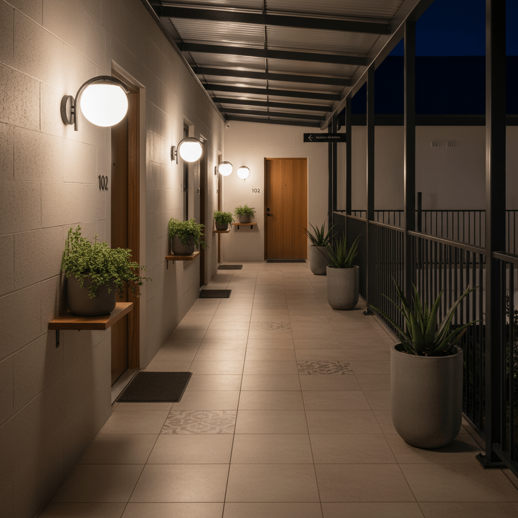 Outdoor corridor featuring Arthur Black Opal Wall Lights illuminating doorways and plants.