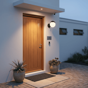Outdoor wall light illuminating a wooden door with potted plants and a welcome mat.