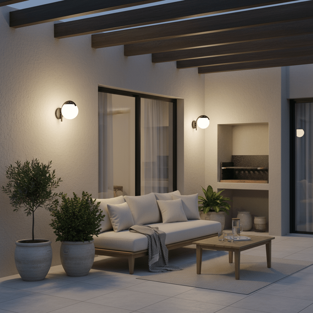 Outdoor patio scene featuring the Arthur Black Opal Wall Light illuminating a cozy seating area.