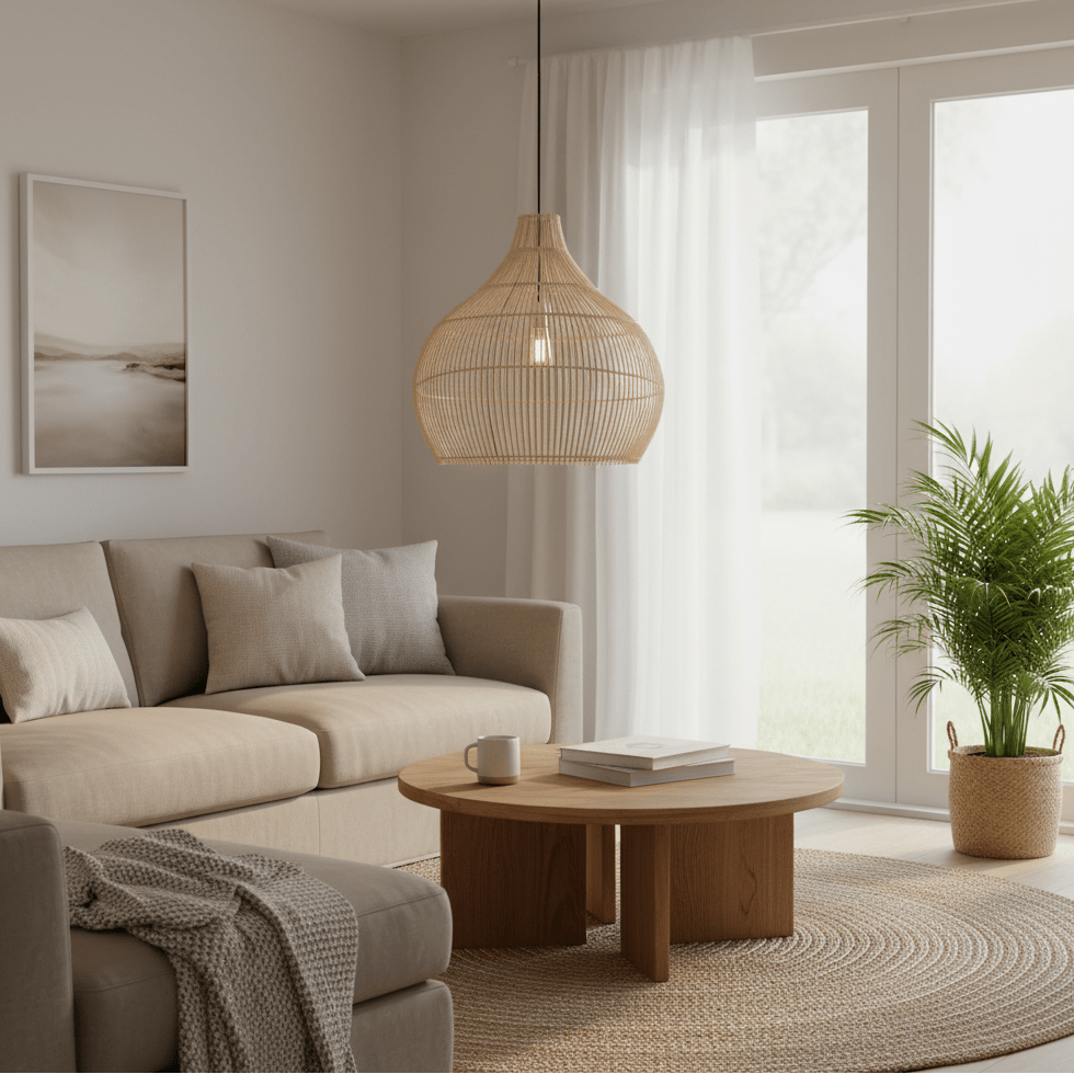 Woven rattan pendant light hanging above a cozy living room with a sofa and coffee table.