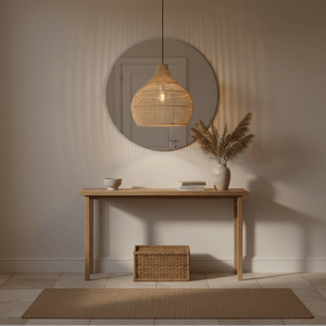 Woven rattan pendant light hanging above a wooden console table with decorative items and a round mirror.