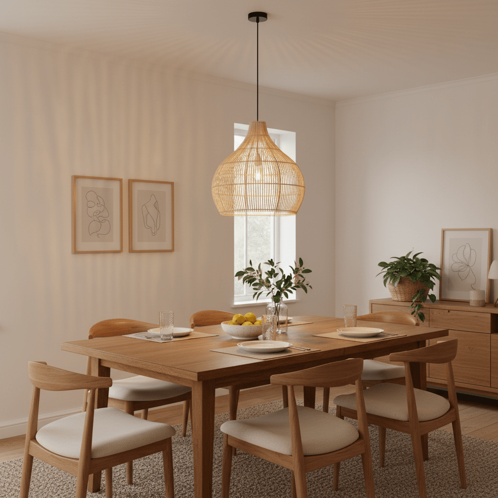 Woven rattan pendant light hanging above a wooden dining table set with plates and glasses.