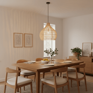 Woven rattan pendant light hanging above a wooden dining table set with plates and glasses.