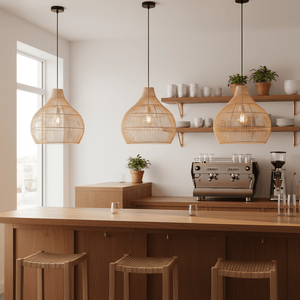 Three woven rattan pendant lights hang above a wooden bar counter in a bright kitchen.