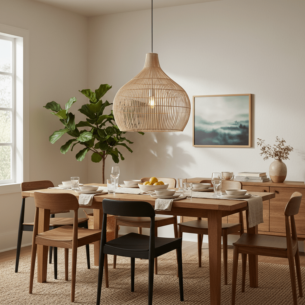Haiti Bamboo Rattan Pendant light hanging above a wooden dining table set with plates and glasses.