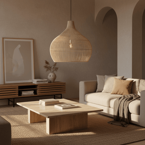 A rattan pendant light hangs above a wooden coffee table in a cozy living room setting.