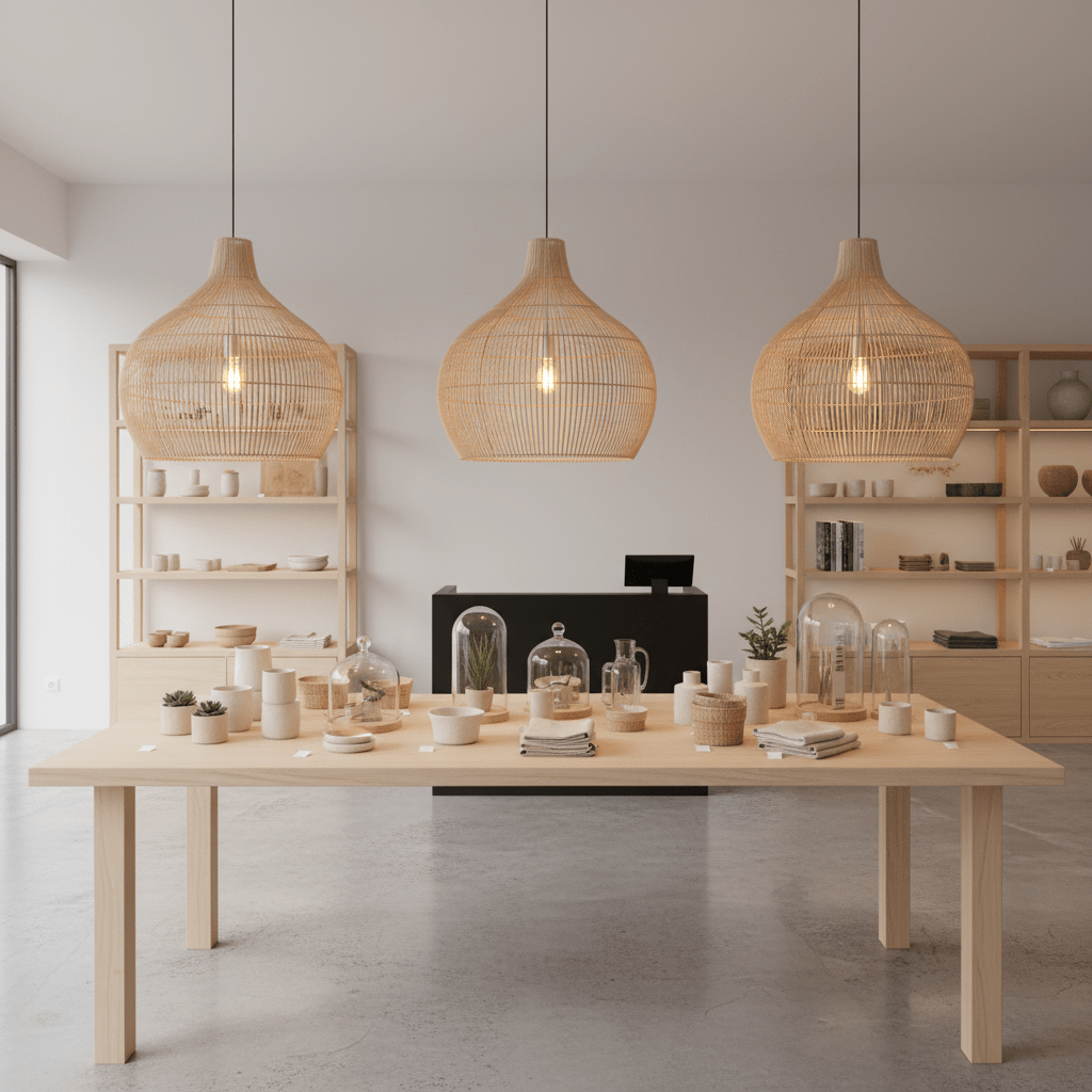 Three bamboo rattan pendant lights hanging above a wooden table with various decorative items in a modern interior.
