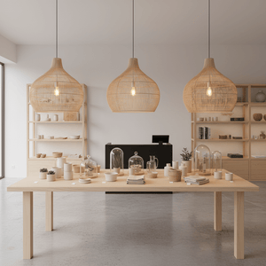 Three bamboo rattan pendant lights hanging above a wooden table with various decorative items in a modern interior.