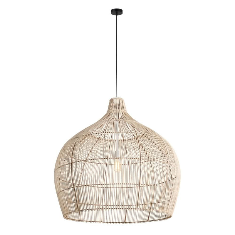 Bamboo pendant light in a South African dining room, natural woven pendant over timber table, warm 3000K LED glow, realistic 800x800 composition with coastal textures and deep green accents