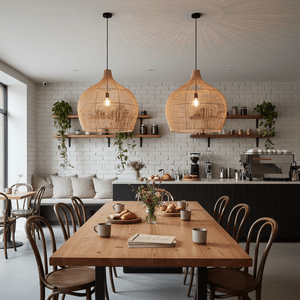 Two bamboo rattan pendant lights hang above a wooden dining table set with cups and pastries.