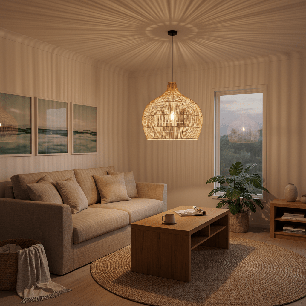 Woven bamboo rattan pendant light hanging over a cozy living room with a sofa and coffee table.