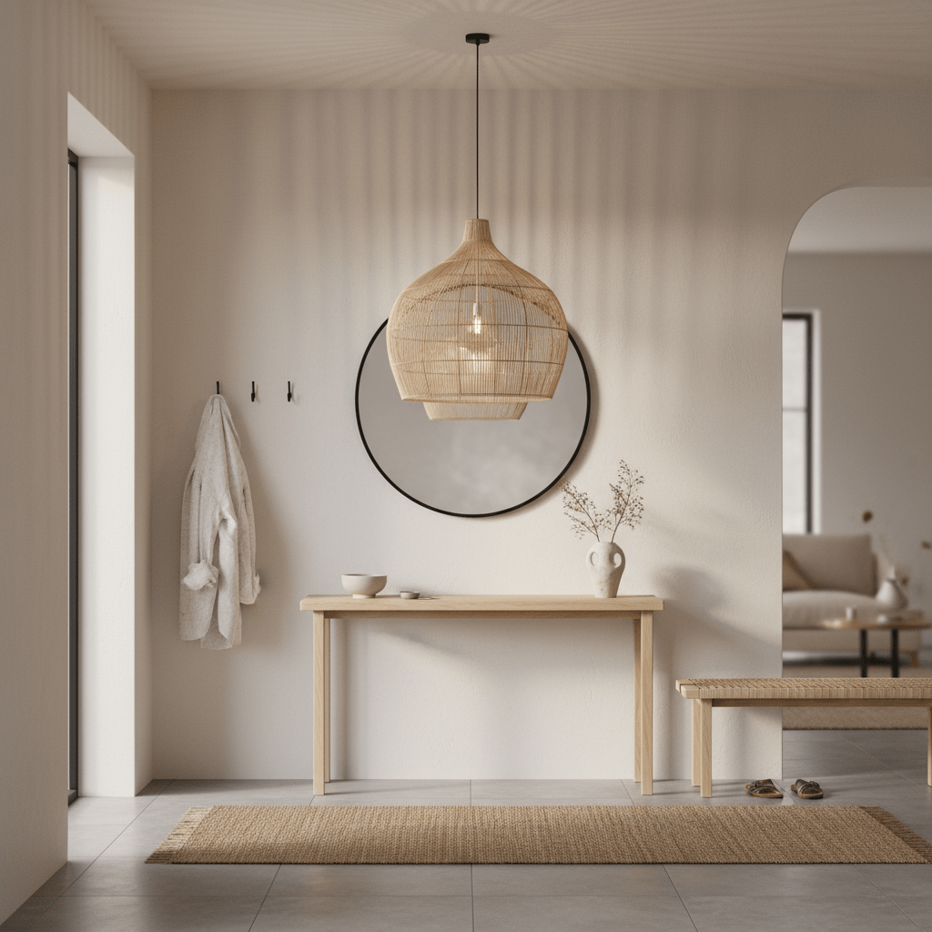 A bamboo rattan pendant light hangs above a wooden table in a modern, minimalist interior with a mirror and decorative