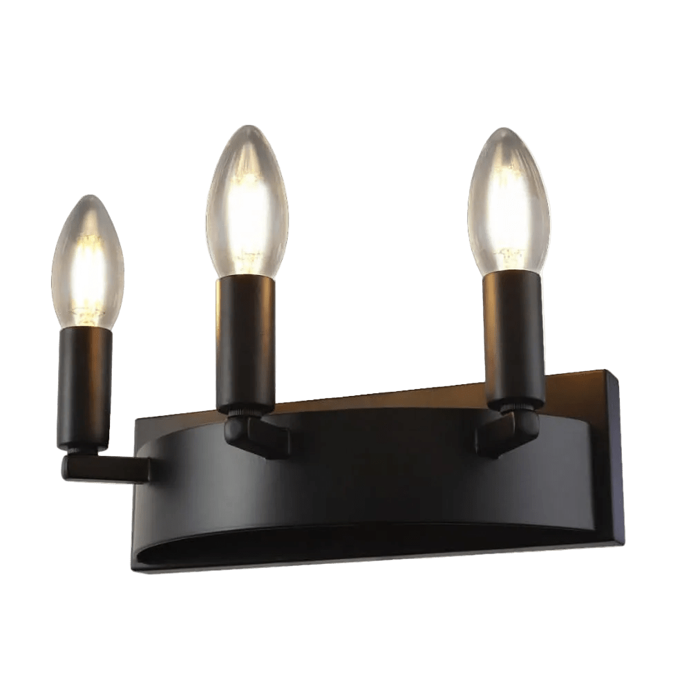 Three-light indoor wall light with a matte black finish and clear glass bulb covers, mounted on a curved base.