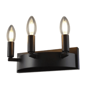 Three-light indoor wall light with a matte black finish and clear glass bulb covers, mounted on a curved base.