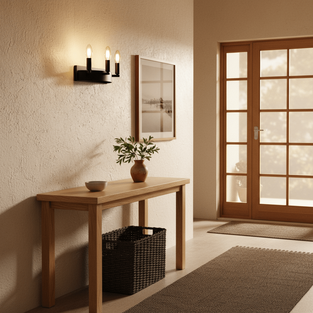 A black three-light wall fixture mounted above a wooden console table with a plant, bowl, and woven basket.