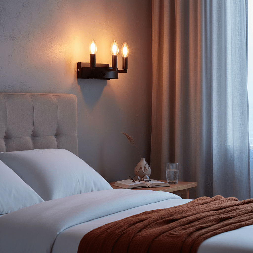A black three-light wall fixture with clear bulbs mounted above a bed, beside a wooden nightstand with a book and glass.