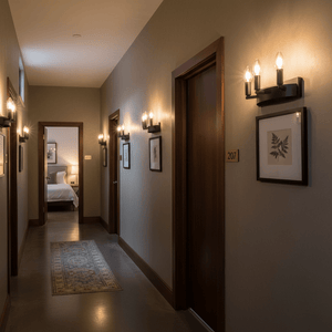 Three light fixtures mounted on a dark wall, illuminating a hallway with framed artwork and a patterned rug.