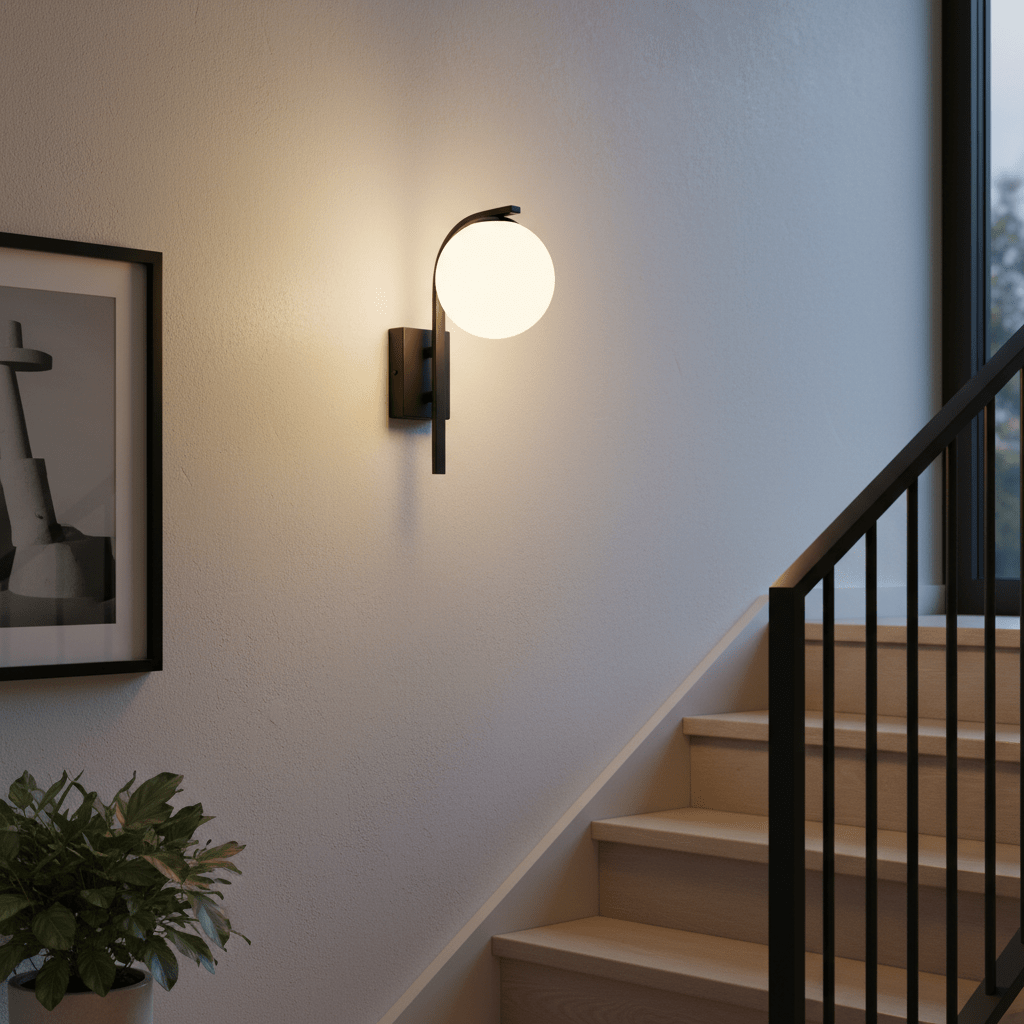 A black curved wall light with a round white bulb is mounted on a textured wall beside a staircase.