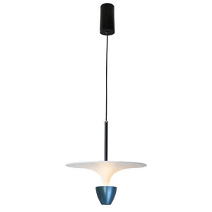 Blue pendant light with a sleek design, featuring a white shade and adjustable cord, ideal for modern interiors.